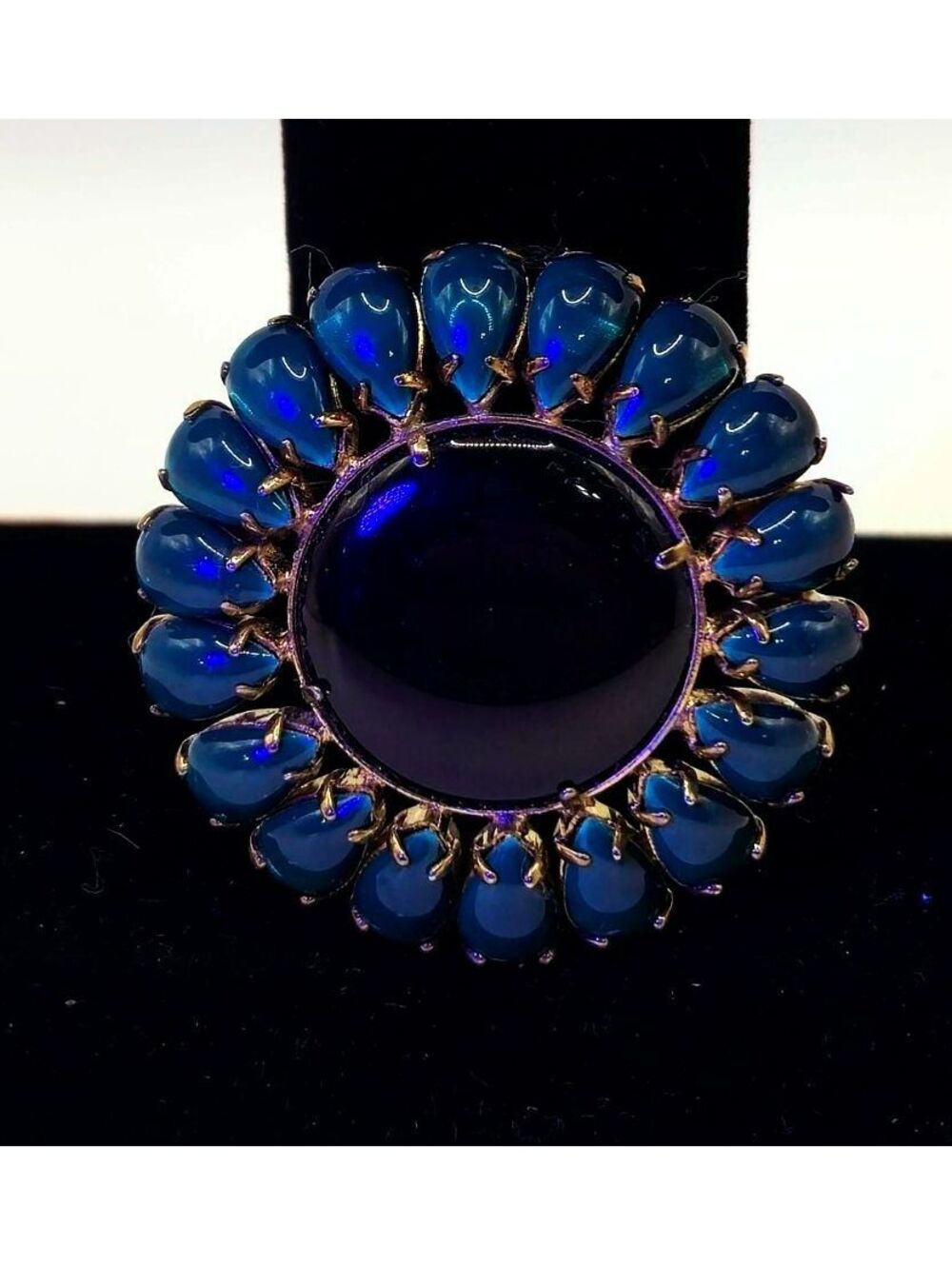 VTG Louis Rousselet French Art Glass Brooch Dark Cobalt Blue Cabochon Pin France